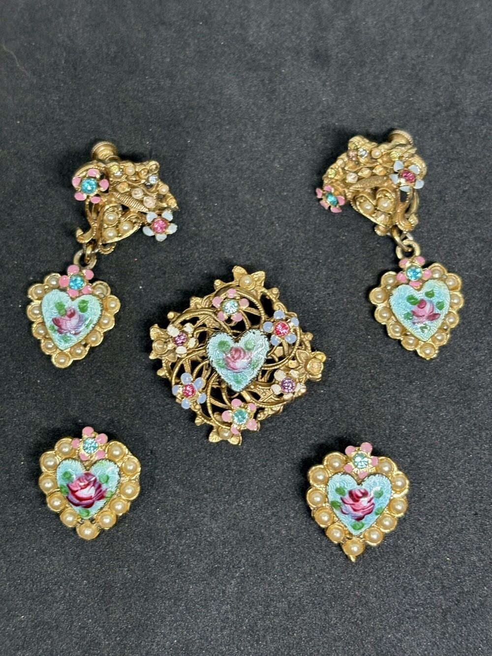 Vtg Brooch Screw Back Earrings Set Gold Tone Guilloche Blue Enamel Rose Pearl